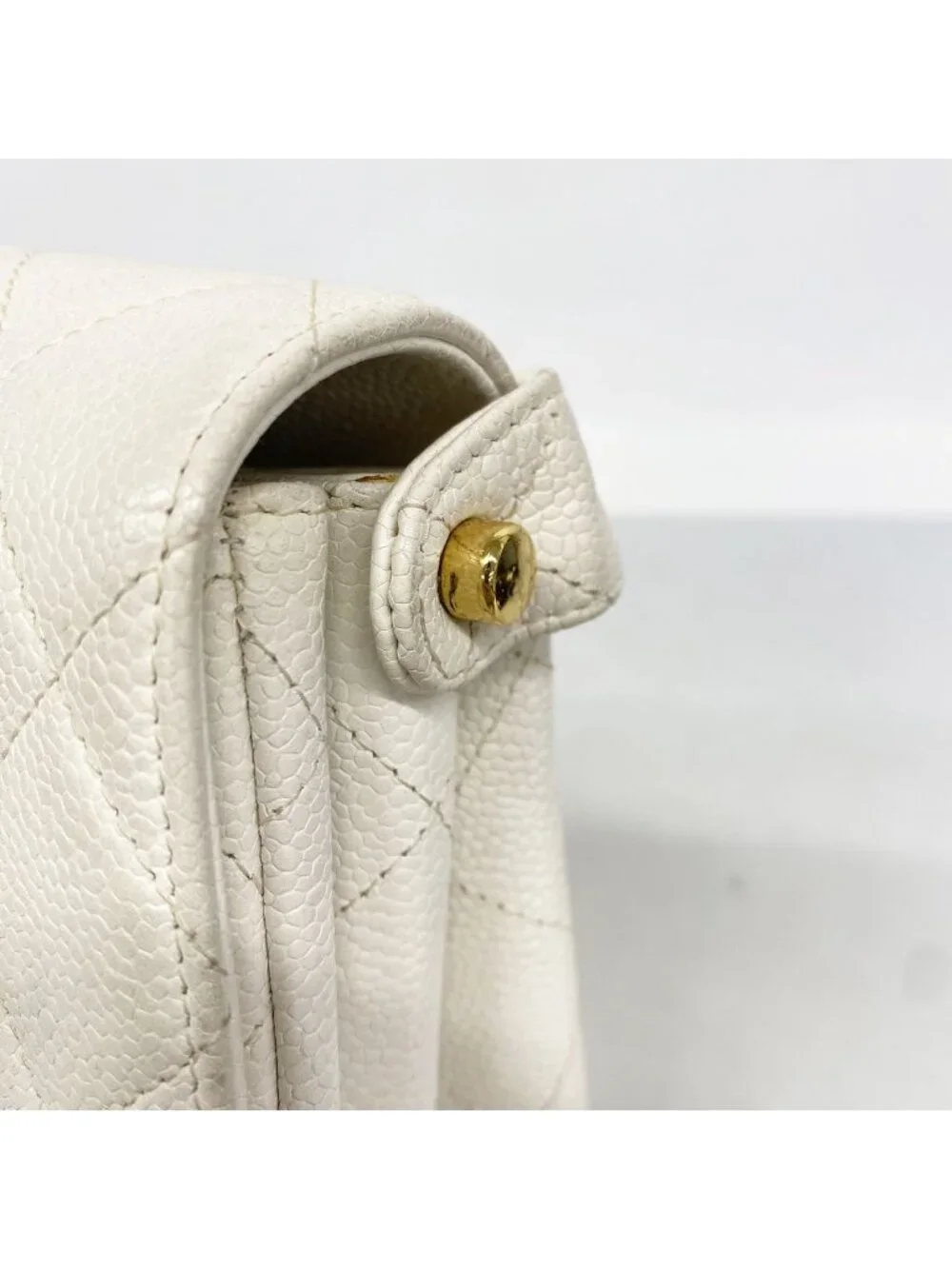 Chanel Shoulder Bag Quilted Caviar Leather White Gold